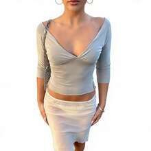 2026 Womens Multi-Color V-Neck 3/4 Sleeve Fitted Top Ruched Bust Casual & Date Night Blouse - màu nâu - Xem 6