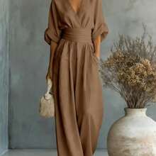 2026 New Women's Linen-Blend Jumpsuit, Deep V-Neck Half-Sleeve Belt Wide-Leg Pants, Elegant Casual Jumpsuit With Pockets, Suitable For Daily Wear In Summer Vacation - Dark Brown - 查看 1