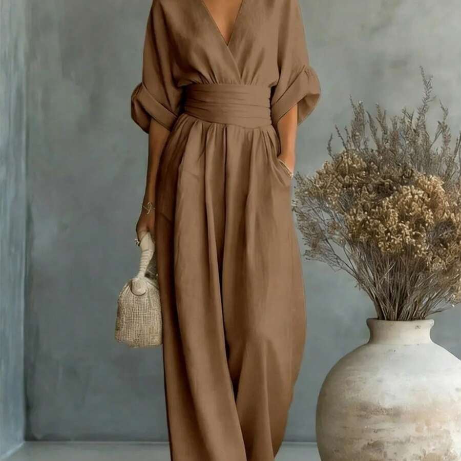 2026 New Women's Linen-Blend Jumpsuit, Deep V-Neck Half-Sleeve Belt Wide-Leg Pants, Elegant Casual Jumpsuit With Pockets, Suitable For Daily Wear In Summer Vacation - Dark Brown - 查看 1