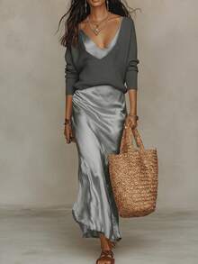 Fashionable New Women Satin Top Dress 2-Piece Set Elegant Business Casual Long Sleeve Office Outfit - 杏色 - 查看 10