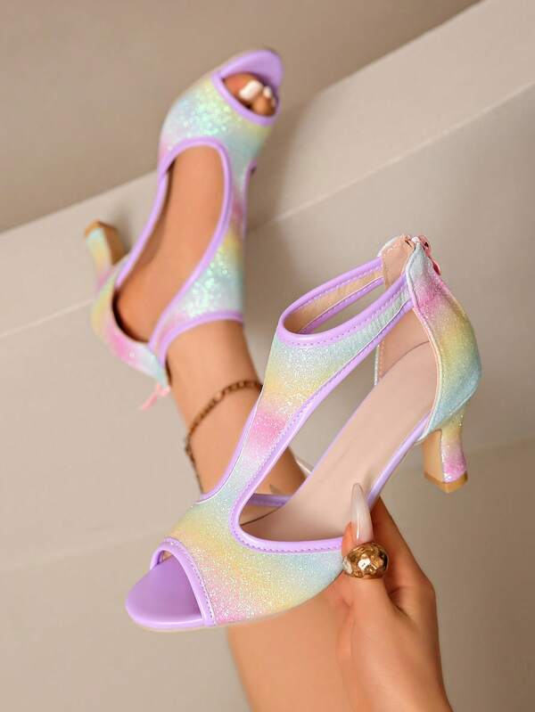 Chaussures de danse latine de couleur arc-en-ciel, chaussures de danse à bout ouvert à talons fins, sandales de danse de salon à talon moyen pour adultes, chaussures sexy et à la mode allongeant les jambes pour femmes