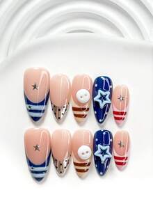 10Pcs Playful And Cute Style Handmade Nail Art Set,Unghie Press On,Buttons, Stars Nail Art Accessories,Stripes, Polka Dots Nail Art Decorations,Blue, Red And Pink Nail Polish,Dreamy Girly Style,Comes With Nail Tools(1 Sheets Jelly Stickers+1PC Nail File)3 Sizes Available,Square Nails, Short Square Nails,Almond Nails,Suitable For Reunion,Daily,Party,Photograph,Play,Spring Summer,Commute Supplies Nails - 彩色 - 查看 11