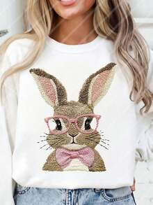 10-Inch Cute Easter Bunny Embroidery Style Design DIY Iron-On Transfer Patch, Clothing Decoration, Suitable For T-Shirts, Sweatshirts, Fabric Decor, Pillow Covers, Tote Bags And Garment Decoration, Easter Holiday Party Decor, Durable Plastic Heat Transfer Sticker - Multicolor - View 3