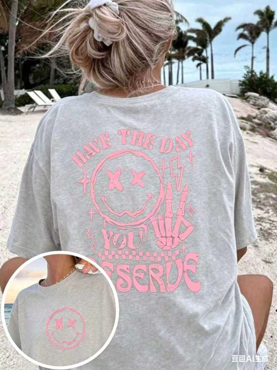 Women's 'Have A Day You Deserve' Graphic T-Shirt - Black, Breathable Short Sleeve Crew Neck Top With Happy Face And Letter Design, Casual Summer Wear - 灰色1 - 查看 1