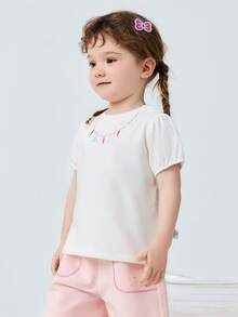 mini bala 2026夏季女童短袖T恤，竹纖維棉，吸濕排汗，透氣，花瓣袖，可愛印花，休閒穿著 - 珍珠白 - 查看 2