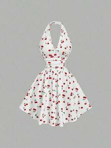 Vestido mini elegante estampado de cerezas con cuello halter, espalda descubierta y cintura fruncida, estilo dulce ideal para fiestas, vacaciones playeras y citas de primavera y verano - Rojo y negro - Ver 11