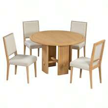 TREXM 5-Piece Round Dining Table Set For 4 Minimalist Farmhouse Dining Table With 4 Solid Wood Upholstered Chairs Kitchen And Dining Room Sets Natural - Màu be + Màu tự nhiên + Gỗ nguyên khối + MDF1 - Xem 8