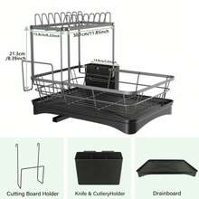 GROWSUN-Iron Dish Drying Rack With Drainboard Dish Drainers For Kitchen Counter Sink Adjustable Spout Dish Strainers With Utensil Holder And Knife Slots - Xem 3