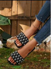 2026 New Flat Slide Sandals, Solid Color, Flat Design, Shiny Vamp, Elegant Rhinestone Decor, Easy Slip-On, Easy Clean, Graceful & Sophisticated, Fashion Versatile, Suitable For Daily Wear, Shopping, Dating, Vacation, Travel - Black - View 8
