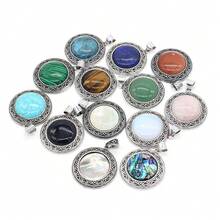 38x42mm Natural Crystal Agate Semi-Precious Stone Round Pendant, Gemstone Inlaid Alloy Abalone Shell Necklace - Water Drop Natural Stone Pendant - View 3
