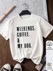Camiseta holgada para mujer, estampado "WEEKENDS COFFEE&MY DOG", 100% algodón blanco de manga corta con gráfico, top casual de verano, para vacaciones, viajes, playa, ropa de resort-Vintage Street Style Unisexoose Cotton Short Sleeve Crew Neck T-Shirt - Blanco - Ver 1