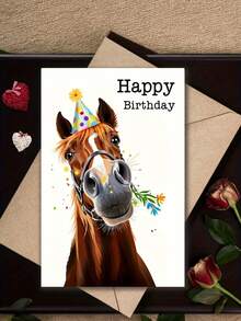 2pcs/1pc Funny Horse Themed Birthday Greeting Card (With Party Hat And Colorful Paper) - Interesting Animal Theme, Comes With Envelope, High Quality Paper, Suitable For Birthday Celebration, Vivid Printing Design - View 5
