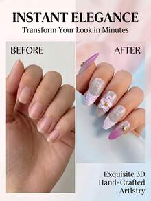 NAILS BASE 10件/組 粉色杏仁形長款法式漸層漸變假指甲，附玫瑰紅花朵，辦公適用的中性亮麗杏仁形甲片，日式手工 P - 彩色 - 查看 5
