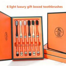 Bộ 6 bàn chải đánh răng lông mềm, cán màu cam, lông siêu mềm bảo vệ nướu, phù hợp cho người lớn, gia đình và các cặp đôi. - trái cam - Xem 1