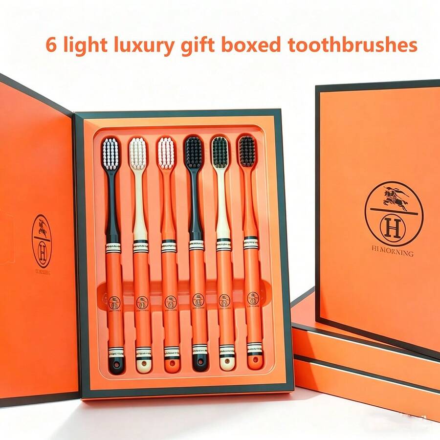 Bộ 6 bàn chải đánh răng lông mềm, cán màu cam, lông siêu mềm bảo vệ nướu, phù hợp cho người lớn, gia đình và các cặp đôi. - trái cam - Xem 1