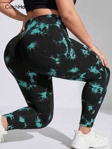 Pantalones de yoga de cintura alta sin costuras con efecto tie-dye para mujer de talla grande, mallas de fitness de 4 vías sin transparencias, ropa casual versátil para correr y entrenar en primavera y verano - Multicolor - Ver 9