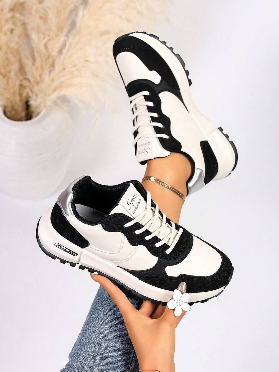 New Round Toe Lace-Up Color Block Versatile Fashion All-Match City Outdoor Casual Sports Shoes For Women