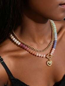 1Pc Boho Rainbow Beaded Heart Pendant Necklace, Layered OT Toggle Clasp Chain, Perfect For Valentine's Day & Anniversary Gifts For Girlfriend - Multicolor - View 3