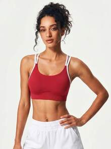 Crisscross Back Sports Bra, Contrast Trim Seamless Workout Top - Red - View 9