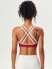 Crisscross Back Sports Bra, Contrast Trim Seamless Workout Top - Red - View 6