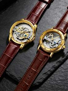 GUANQIN 1pc Men's Waterproof Luminous Gold Watch, Finely Carved Hollow Dial, Wear-Resistant Stainless Steel Case, Fashion Business Luxury Sporty Casual Men's Watch, Suitable For Easter, Halloween, Christmas, Father's Day, Birthday, Back To School, Festivals, Valentine's Day, Dates, Business, Daily Wear, Gifts, Music Festivals, Wedding Season - Gold - View 2