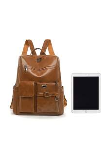 LECEY 1pc Fashionable Minimalist Patchwork Design Large Capacity Women Backpack, Suitable For Outdoor Travel And Daily Use - Brown - View 7