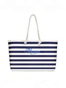 [Embroidered] Customized Navy Blue And White Striped Beach Tote Bag, Large Women's Canvas Rope Handle Shoulder Bag, Essential For Summer Beach Travel - Multicolor - View 3