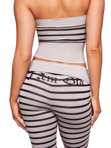 Slim Fit, Sexy Stretch Striped Design, Printed Bandeau Vest, Top, Trouser Set, Two-Piece Set - Grey - View 2