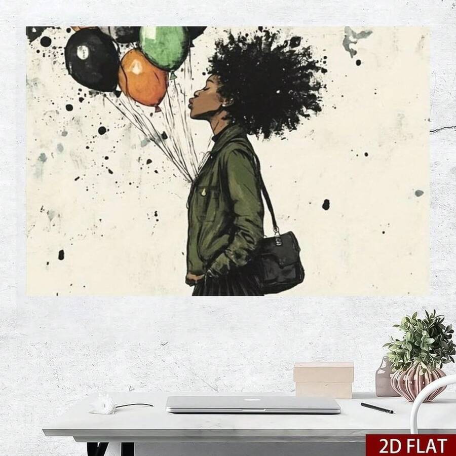African American Woman With Balloons Canvas Wall Art, Magic Poster, Modern Street Art Graffiti Painting, 1pc Framed Wall Decor For Living Room, Bedroom & Office, Stylish Cultural Home Art - 有框架 - 查看 1
