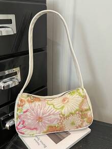 Floral Sequin Embroidered Underarm Bag, Women's Elegant Mesh Fabric & PU Trim Shoulder Hobo Bag For Daily & Party - Green - View 6