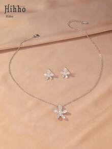 Hihho 3pcs/Set Spring Romantic Cubic Zirconia 5-Petal Flower Jewelry Set: Necklace + Earrings, Floral Design Elegant And Versatile For Daily, Dating, And Gathering Occasions - Five-petal Flower - View 5
