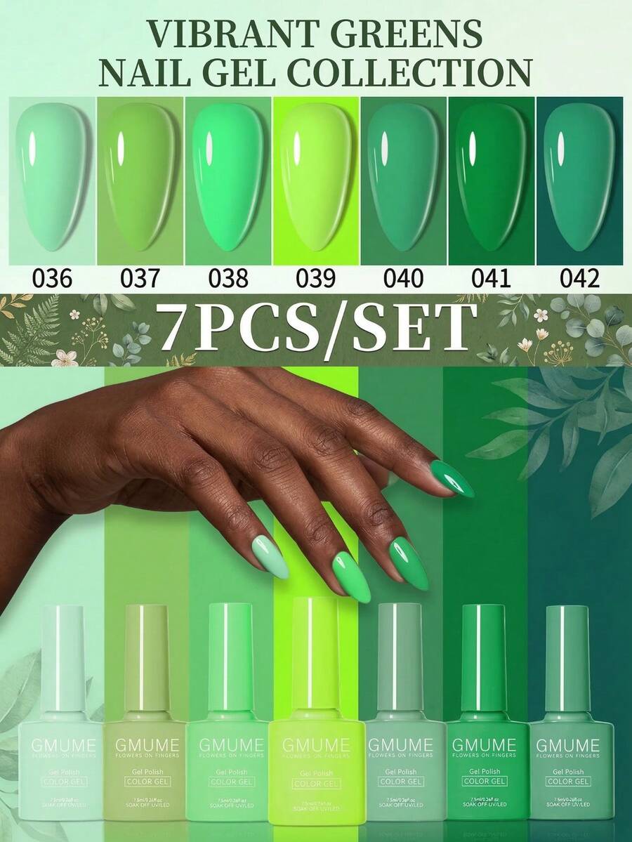 GMUME 7色套装,颜色036、037、038、039、040、041、042,专业UV/LED可卸甲油胶套装,清新鼠尾草、薄荷绿、森林绿、牛油果绿、抹茶色系,春夏系列,圣帕特里克节户外露营自然主题,清新风格,7.5毫升/0.26液盎司,正装美甲用品,底油、面油,无异味,纯素,防脱落。 - 綠色 - 查看 1