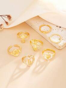 7pcs Vintage Luxury Heart & Virgin Mary Design Ring Set, Hollow Cross Rings, Suitable For Parties, Vacations, Gifts, Daily Wear - Gold - View 3
