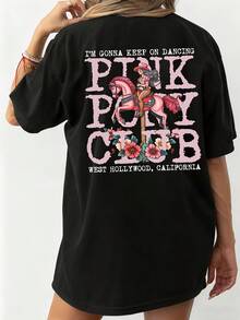 Vår/Sommar 2026 Ny dam-T-shirt med rund hals, blom- och bokstavstryck på båda sidor, korta ärmar, avslappnad stil, oversized, med nedsänkta axlar, perfekt för sommaren. - Svart - Visa 2
