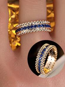 1pc Multicolor Rhinestone Edged Wide Ring, Luxury Versatile Elegant Stacking Ring - Ring - View 7