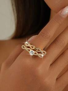 2pcs/1set Fashion Infinite Symbol 8 Elegant Style Rings Sets Glamorous Cubic Zirconia Gold Plated Women Copper Ring Suitable For Bride Engagement Wedding Music Festivals Party Jewelry Anniversary Gift - 8+8 - View 6