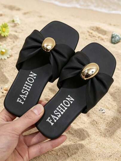 Kids' Fashion Beach Slippers Flat Sandals, Lightweight Non-Slip Wear-Resistant PU Square Toe Flat Beach Slippers, European And American Popular Resort Beach, Spring/Summer
