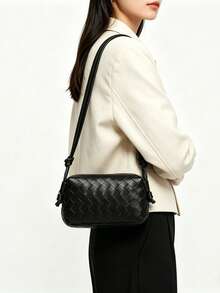 Elegant Black Woven Mini Crossbody Bag For Women, Soft PU Leather Square Shoulder Bag With Cute Bow Decor, Detachable Long Strap, Woven Texture Handbag, Casual Daily Clutch, Minimalist Fashion Tote, Lightweight Shoulder Bag, Multifunctional Crossbody Bag Suitable For Work, Date, Travel, Shopping, Office, Fashion Woven Handbag, Sophisticated Evening Clutch, Durable Soft PU Leather Wristlet, Stylish Bow Decor Crossbody Bag - Black - View 3
