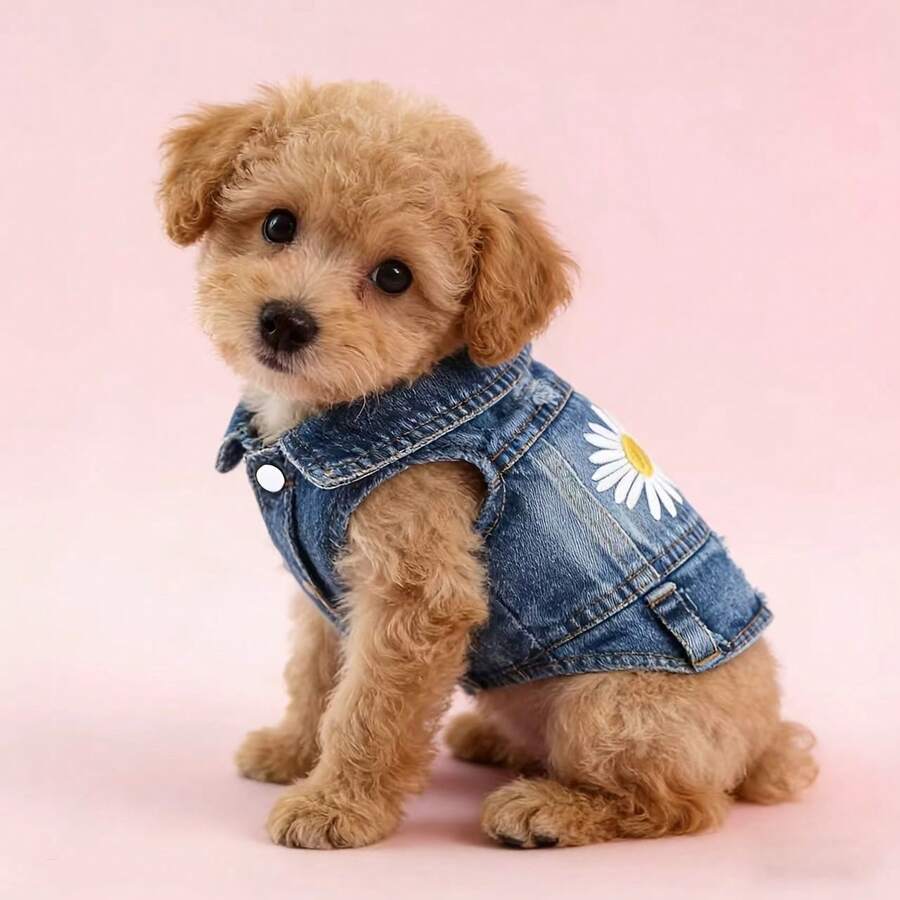 Áo khoác gile denim Daisy cho chó nhỏ, quần áo cho chó con giống Poodle Teddy Bear, trang phục thú cưng mùa xuân thu. - Màu xanh lam - Xem 1