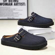New Retro Denim Platform Mules With Metal Buckle, Slip-On Comfortable Soft Sole Backless Loafers - Royal Blue - View 5
