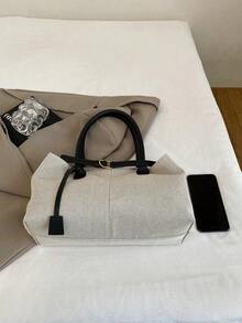1 pieza Bolso de tela tipo tote color caqui, nuevo diseño con decoración de correa, gran capacidad, patchwork de ante sintético, bolso de hombro para mujer - Negro - Ver 7