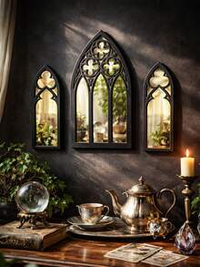 3 piezas Espejos de pared con arco estilo gótico, espejos decorativos con forma de ventana de iglesia, arte de pared, espejos con marco arqueado de estilo clásico, decoración elegante para el hogar, decoración colgante de pared estética, decoración reflectante, adecuado para sala de estar, dormitorio, pasillo, entrada, chimenea, decoración de interiores rústica y retro, decoración de habitación gótica espiritual, decoración de pared, combinación de espejos decorativos, exhibición en el hogar - Estilo 1 - Ver 4