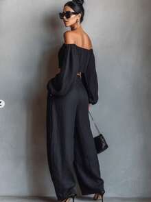 Conjunto de top corto de hombros descubiertos y pantalones de pierna ancha - Negro - Ver 2