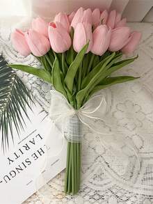 Textura realista, adecuada para novia/dama de honor de boda, ramo de novia artificial de tulipanes blancos y rosa caramelo hechos a mano, accesorios de boda, decoración para el hogar, fiesta de boda, Día de San Valentín - Blanco - Ver 3