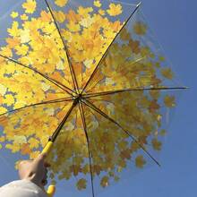 Summer Minimalist Straight Handle Umbrella, Ins Style Popular Long Umbrella, DIY Umbrella, Maple Leaf Transparent Umbrella - Yellow - View 2