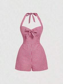 MOD Mono con escote halter y lazo con estampado de cuadros para mujer - Rojo y blanco - Ver 5