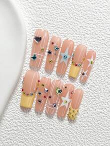 10Pcs Sweet And Edgy Girl Style Handmade Nail Art Set,Unghie Press On,Colorful Hearts And Star Shaped Rhinestones Nail Art Accessories,Stars, Lines Nail Art Decorations,Yellow And White Nail Polish,Fresh Summer Style,Comes With Nail Tools(1 Sheets Jelly Stickers+1PC Nail File)3 Sizes Available,Almond Nails, Duck Nails,Coffin Nails,Suitable For Reunion,Daily,Party,Photograph,Play,Spring Summer,Commute Supplies Nails - 彩色 - 查看 16