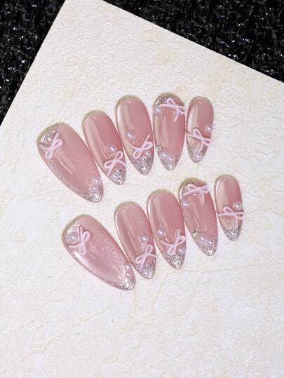 10pcs Glossy Pink Cat Eye Handmade Press On Nails French Nail Art Design Silvery Glitter Decoration With Bow Knots Sweet False Nails Reusable Almond Fake Nail Tips DIY Nail Beauty
