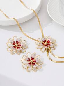 Bộ trang sức thời trang gồm dây chuyền và bông tai hình hoa nhỏ giọt dành cho nữ. - bộ hoa - Xem 3