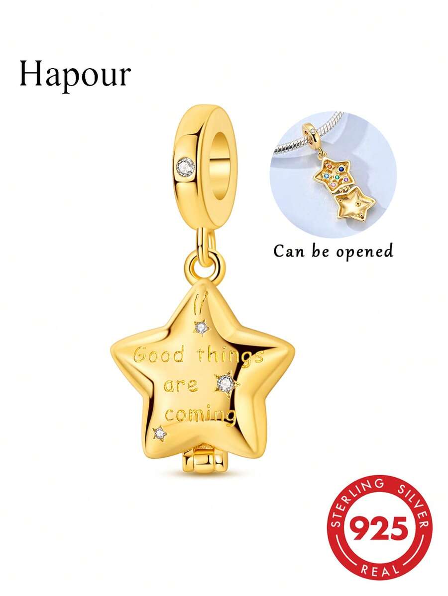 1 Pieces Original 925 Sterling Silver Charms Beads For Women Golden Color Star And Moon Pattern Open And Close Design Colorful Cubic Zirconia Inlay Elegance Jewelry Gifts Box Packaging Fits Original Bracelet & Necklace DIY Making - Gold - View 1
